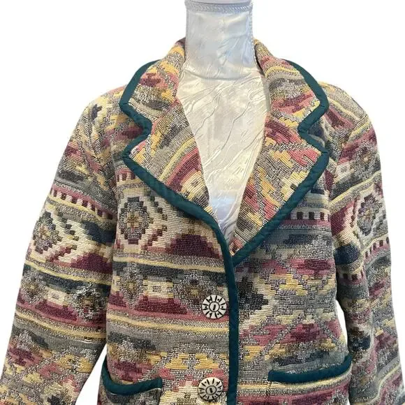 Vintage Patchwork Blazer Womens Size LP Tan Stripe Cotton Aztec Southwestern - Picture 5 of 16